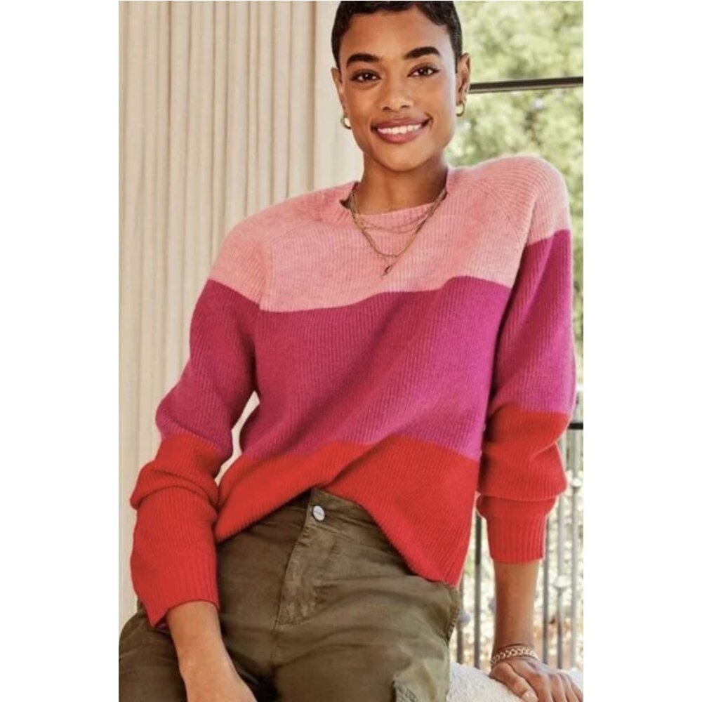 EVEREVE Frankie Striped Colorblock Crew Neck Sweater Size Small Pink Red Preppy - Picture 1 of 11